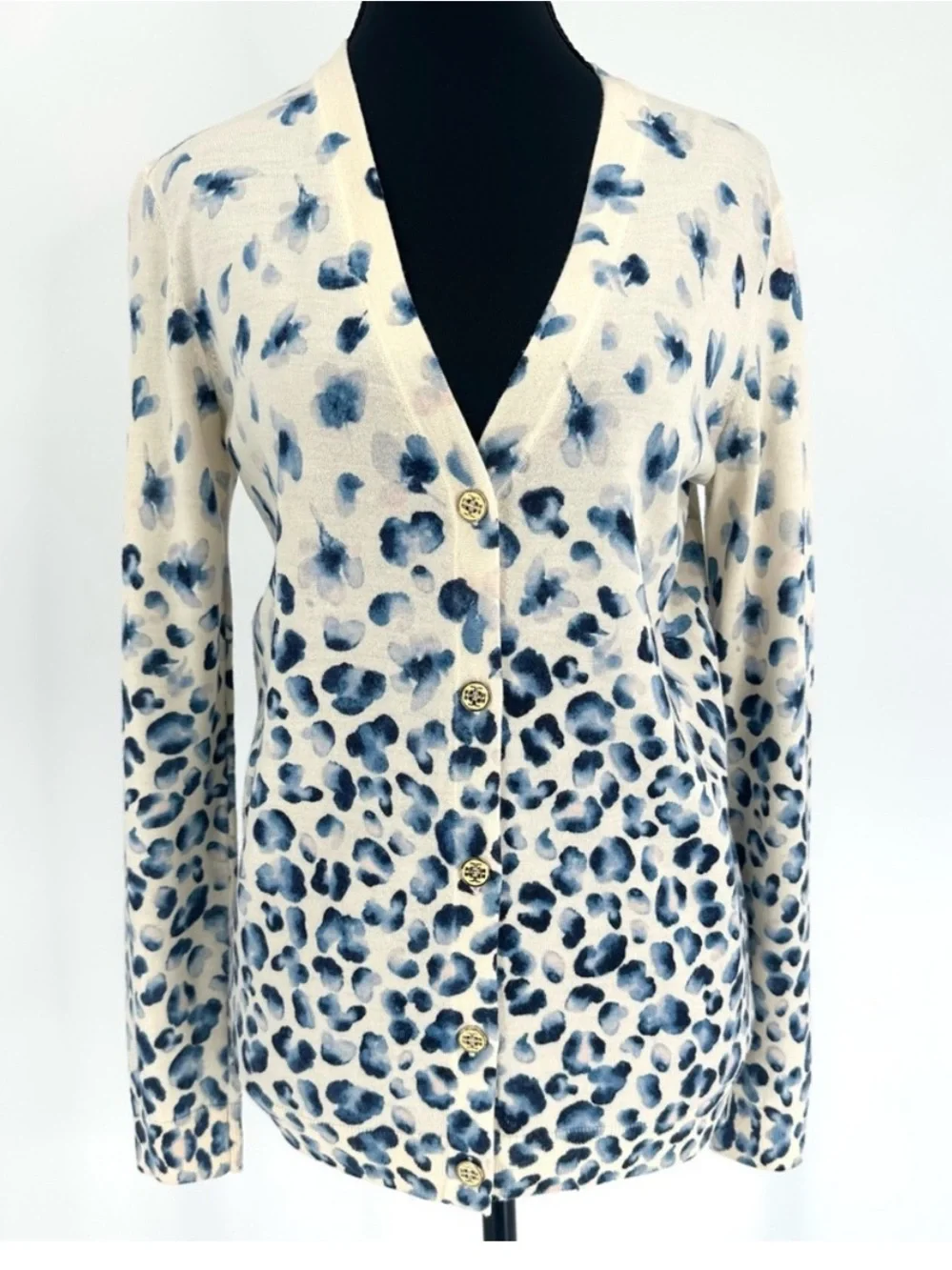 Tory Burch 100% Merino Wool Floral Leopard Print V-Neck Cardigan Sweater,Size XS